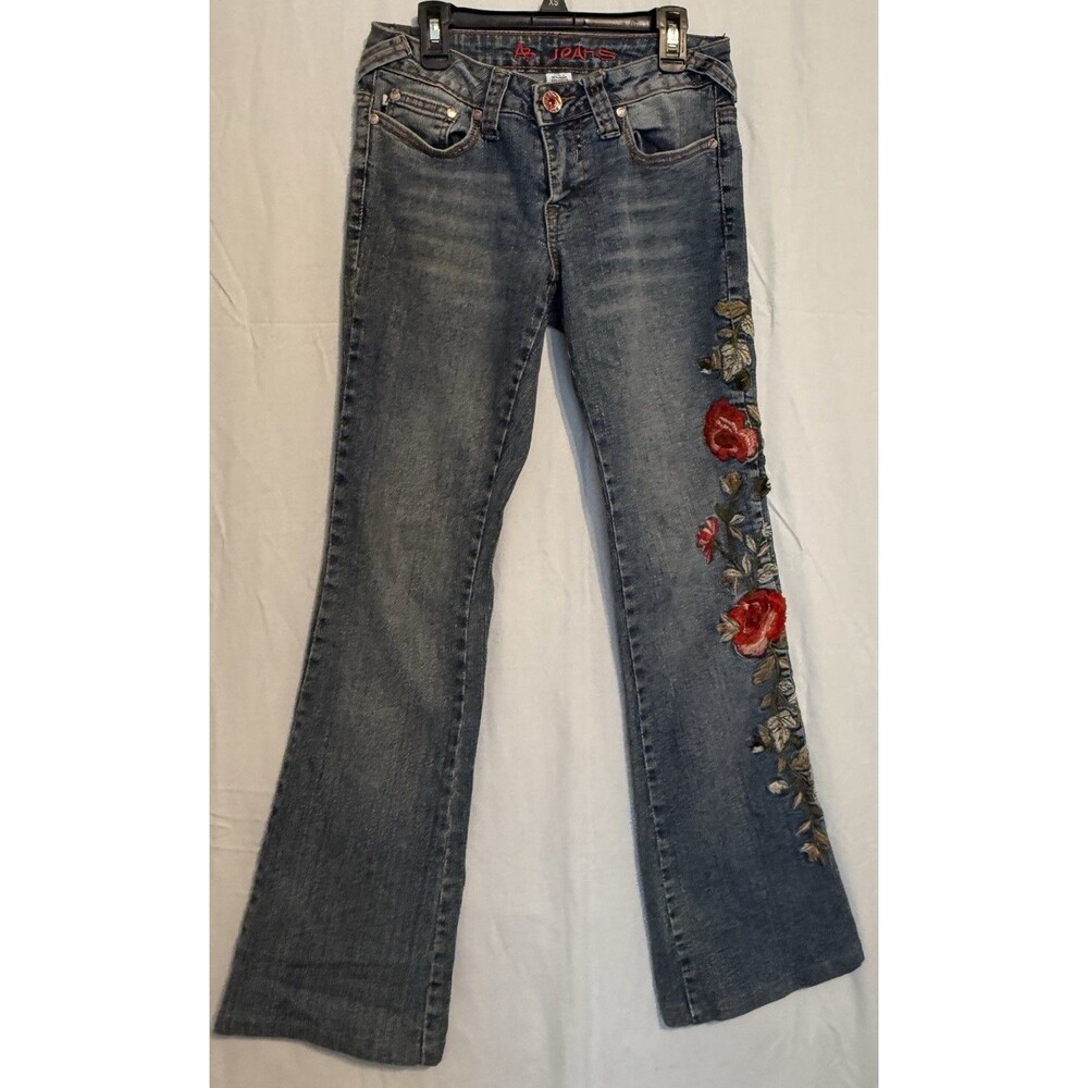 AB Jeans Women's Bootcut Jeans Blue Denim Floral Embroidered Slim Low Rise